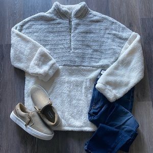 Olive Stripe Sherpa Pullover